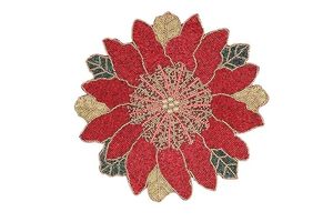 Napperon de table durable en forme de fleur, perles, diamètre 500 mm, épaisseur personnalisée, motif de Noël, fait main, rouge, or, feuilles vertes - Product Image 6