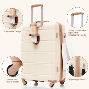 Set portabagagli USB da 20 pollici guscio rigido in stile Beige dorato certificato aereo con ruote Spinner portabicchieri 3 bagaglio a mano - Product Image 3