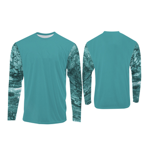 Chemise de pêche à manches longues pour homme, imprimé numérique, protection anti-UV UPF 50, motif vague turquoise, séchage rapide, logo frontal, pull-over - Product Image 6