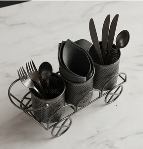 Wheeled Black Metal Cutlery Holder 3 Compartment Industrial Cart Silverware <b>Utensil</b> <b>Organizer</b> Kitchen - Product Image 3