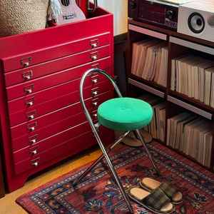Modern Green Upholstered <b>Stool</b> <b>With</b> Chrome Frame Midcentury Design Living Room Furniture - Product Image 1
