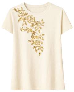Camiseta de Algodón Personalizada para Mujer con Bordado Floral Dorado, Manga Corta, Cuello Redondo, Top Informal de Moda para Mujer, Diseño OEM Personalizado - Product Image 1
