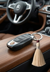 Porte-clés de luxe à pompon pour clés de voiture, style bohème, pendentif décoratif, pompon en tissu beige avec anneau métallique - Product Image 1
