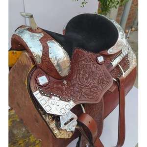Silla de montar western DD de cuero marrón con diseño floral tallado a mano y estampados plateados, asiento cómodo de gamuza negra, de 10 a 18 pulgadas, LLT - Product Image 3
