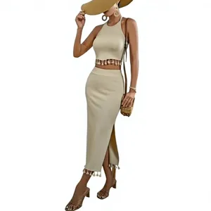 <b>Boho</b> Knit Tassel Trim Crop Top & Side Slit Maxi <b>Skirt</b> Set - Product Image 4