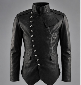 <b>Men's</b> black Leather <b>Jacket</b> Stand Collar With Button Closure - Product Image 1