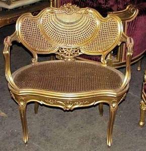 Sillón de Ratán Curvo Vintage con Diseño de Mimbre en Tono Dorado, Forro de Algodón, Respaldo Acolchado con Espuma, Patas de Madera, Estilo Queen Anne, para Sala de Estar - Product Image 4