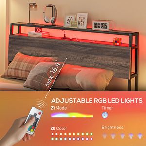 <b>Queen</b> <b>Size</b> Walnut Platform <b>Bed</b> Frame with LED Lights Charging Station Noise Free Headboard with Storage - Product Image 4