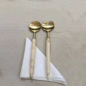 Food Safe Stainless Steel <b>Serving</b> <b>Spoon</b> & Fork Set With Red Resin Handle for Kitchenware Tabletop Silver Salad Server Sets - Product Image 5