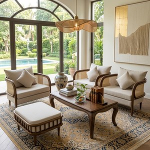 <b>Outdoor</b> Furniture Walnut/Oak Frame <b>Rattan</b> <b>Sofa</b> Set with Comfortable Cushions Vietnam Origin OEM Brand Coffee Table Customized - Product Image 6