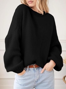 Pull en tricot à col rond pour femme, couleur unie, manches chauve-souris, décontracté, automne, 100% acrylique, manches longues - Product Image 3