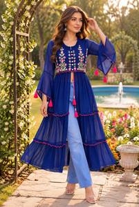 Indian Purple Embroidered Georgette <b>Kurti</b> Tassel Details Regular Fit Regular Length <b>Women</b> Ethnic Top Recycled Materials Wedding - Product Image 3