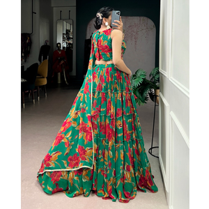 ชุดเลเฮนกาโชลีผ้าฝ้ายลายดอกไม้หลากสีเขียวพรีเมียม พร้อมผ้าคลุมไหล่ สำหรับงานหมั้น งานแต่งงาน และงานปาร์ตี้สำหรับเด็กผู้หญิง - Product Image 3