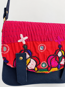 Bohemian Floral Embroidered <b>Genuine</b> <b>Leather</b> <b>Handbag</b> with Polyester Lining and Single Strap - Product Image 2