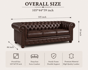 Elegante Sofá de Cuero Marrón con Tapicería Chesterfield y Brazos Enrollados, Mueble Clásico de 3 Plazas para Sala de Estar, Ideal para Interiores de Lujo - Product Image 2