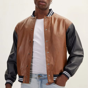 Men's <b>Brown</b> Black PU <b>Leather</b> Varsity <b>Jacket</b> Hooded Zipper Closure Breathable Streetwear Regular Fit Winter Wear - Product Image 1