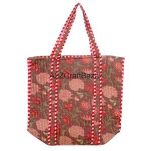 A2ZCraftBazar Women Quilted 100% Pure Cotton Handprinted Large Multicolor Floral <b>Long</b> Handle Eco-Friendly Tote <b>Bag</b> Rajasthan - Product Image 4