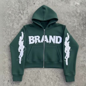 Glory Sweat à capuche zippé pour homme, style streetwear, avec logo personnalisé, en tissu épais, délavé à l'acide, effet vieilli vintage, coupe courte, broderie de strass, OEM - Product Image 5