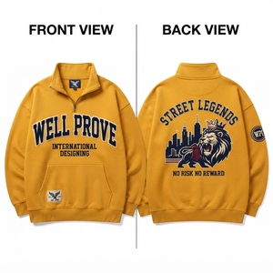 Sweat-shirt streetwear en molleton 100% coton premium, demi-zip, couleur moutarde doré, broderie chenille, logo personnalisé, sans capuche - Product Image 1