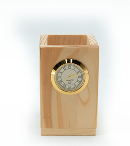Natural Wood Pen Stand With Clock Wooden Pen Stand & <b>Desk</b> Organizer with Quartz Movement Needle Display - Product Image 5