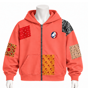 Sudadera con capucha y cremallera completa de patchwork de tapicería coralina, oversize, con estampado de parches, estilo casual streetwear, unisex - Product Image 1