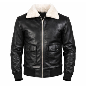 Chaqueta de Cuero Genuino Negra para Hombre, Chaqueta de Invierno con Cuello de Piel, Chaqueta de Cuero Clásica, Chaqueta Cálida de Invierno, Fabricante Personalizado - Product Image 1