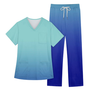 Conjunto de uniforme médico para mujer, top con cuello en V y bolsillos, pantalones azules, uniforme de hospital, tela tejida de algodón y poliéster - Product Image 5