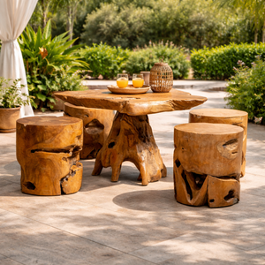 Ensemble de table basse en teck rustique ARTERRA Premium, tabourets en bois naturel, meubles artisanaux faits à la main pour salon, maison, hôtels/villas - Product Image 4