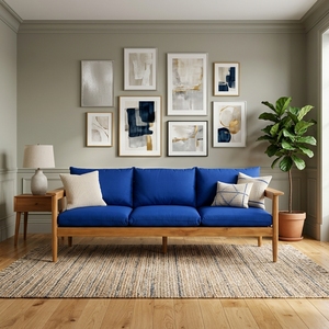 Canapé 3 places en teck massif avec coussins bleu roi, canapé de salon, canapé en bois artisanal, mobilier de salon moderne - Product Image 3