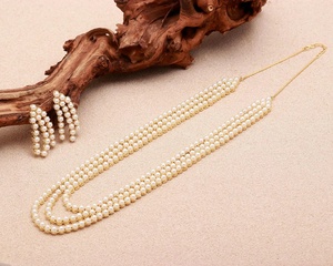 3 Layer Long Pearl Necklace Set 22K Gold Plated Brass Round White Pearl Bridal Jewelry Adjustable Chain for Women - Product Image 3
