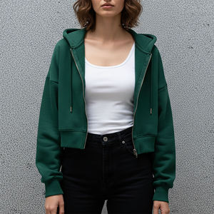 Nuevo Artículo Sudadera con Capucha Verde para Mujer, Cierre de Cremallera, Manga Larga, Tejido de Algodón, Color Sólido, Corte Corto, Ropa de Otoño - Product Image 1