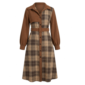 Vestido midi tipo camisa con cinturón y estampado de cuadros para mujer – Ropa informal vintage para otoño - Product Image 1