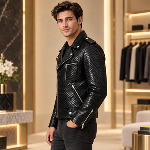 Mens Black Snake-Embossed Genuine Leather Breathable Vintage Moto <b>Biker</b> <b>Jacket</b> - Product Image 2