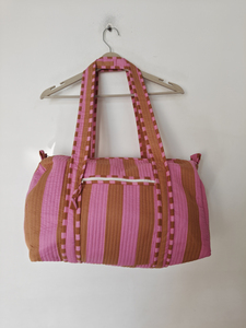 Sac de voyage en coton rayé marron léger avec fermeture éclair, grande capacité 20-35L, poignée souple - Product Image 3