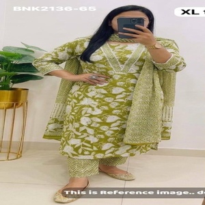 Proveedor de la colección de Kurti recto y largo de algodón de alta calidad 40-40 con estampado, pantalón estampado y dupatta de Surat Woman Fashion - Product Image 1