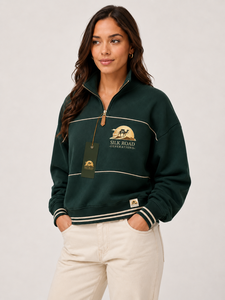 Sweat-shirt demi-zip en polaire vert pour femme Silk Road, couleur unie, décontracté, manches longues, pour l'été, prix abordable, OEM, polyester/coton - Product Image 4