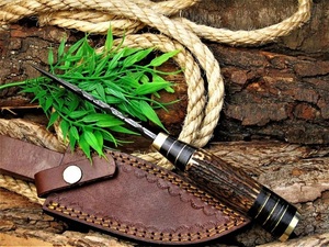 Handmade Industrial Grade Damascus Hunting Knife with Stag Handle and <b>Leather</b> Sheath for Outdoor Camping - Product Image 5