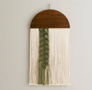 Large Sage Green <b>White</b> Vertical Macrame Wall Decal Contemporary Design Featuring Beautiful Wave Made Dense Tassels Available - Product Image 2