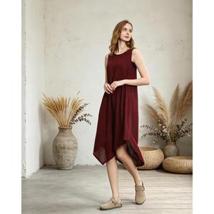 Premium Burgundy O-Neck Sleeveless Linen Cotton Mini <b>Dress</b> <b>Loose</b> Fit Casual Summer <b>Dress</b> With Pockets Women's Maxi <b>Dress</b> - Product Image 4
