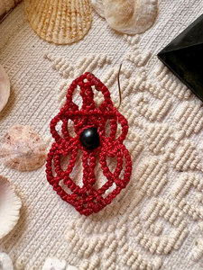 HARI OM CREATIONS Handmade <b>Red</b> Macrame Drop <b>Earrings</b> Black Onyx Bead Bohemian Style Women's Jewelry Black Rhodium Plated - Product Image 4
