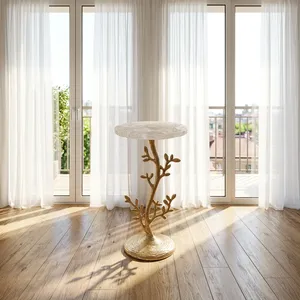 Modern <b>Round</b> Marble Top Side <b>Table</b> with <b>Gold</b> Branch Metal Base Decorative Accent Furniture for Living Room Bedroom - Product Image 5