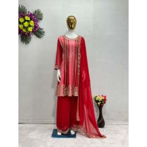 Salwar Kameez de Diseño para Boda con Top, Pantalón Plazzo y Dupatta, Detalles de Pedrería Hechos a Mano en Material de Poliéster - Product Image 5