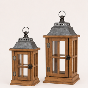 Wooden <b>Lantern</b> <b>Set</b> of 2 Vintage Decorative Candle Holder with Distressed Metal Top for Indoor Outdoor Home Decor Lighting - Product Image 3