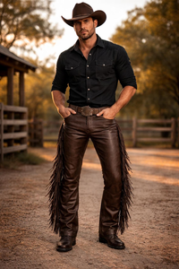 Pantalon Western en Cuir Marron pour Homme avec Pompons, Taille Mi-Haute, Coupe Droite, Braguette Boutonnée, Style Décontracté, Idéal pour l'Automne - Product Image 2
