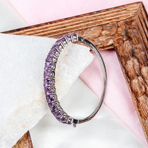 Wholesale 925 Sterling Silver Natural Oval Amethyst Prong Set Hinged Bangle Bracelet Memoria Jewels - Product Image 6