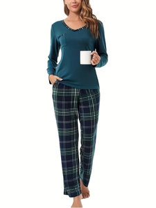 Women's Long-Sleeve V-Neck Animal Print Pajama Set Soft 100% Cotton Breathable Luxury Spring Pajamas Drawstring Closure 2-Piece - Product Image 5