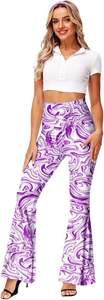 Pantalones Acampanados de Mujer con Estampado de Mármol Morado y Blanco, de Cintura Alta Elástica, Ajuste Holgado, Largos, Casuales de Verano, Tejidos en Spandex y Poliéster - Product Image 6