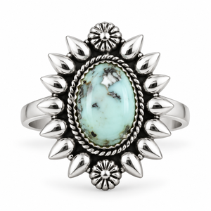 Bague ajustable faite à la main, style bohème western, avec grand cluster de fleurs vertes et turquoise, bijou fantaisie en pierres précieuses - Product Image 3