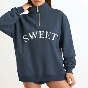 Sudadera de mujer con media cremallera, cuello alto universitario, hombros caídos, talla grande, estampado bajo demanda, casual, de tejido grueso, OEM - Product Image 5