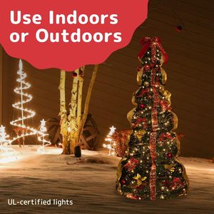 Albero di Natale Decorato in Oro e Rosso di 1,8 Metri con 350 Luci Calde, Fiocchi, Ornamenti, Foglie di Agrifoglio, Decorazioni Natalizie Pieghevoli - Product Image 1